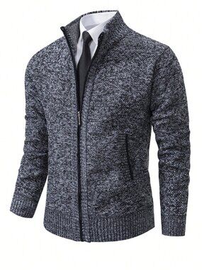 Dark Grey Casual Men's Plain Zip-Up Front Thermal Lined Sweatshirt